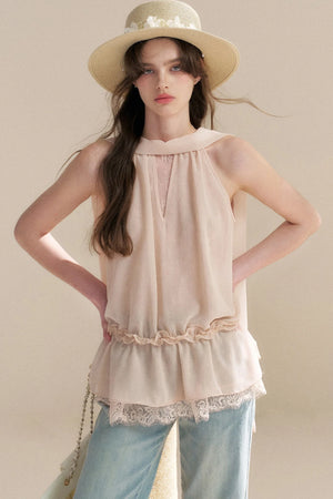 French Chiffon Lace Ribbon Top