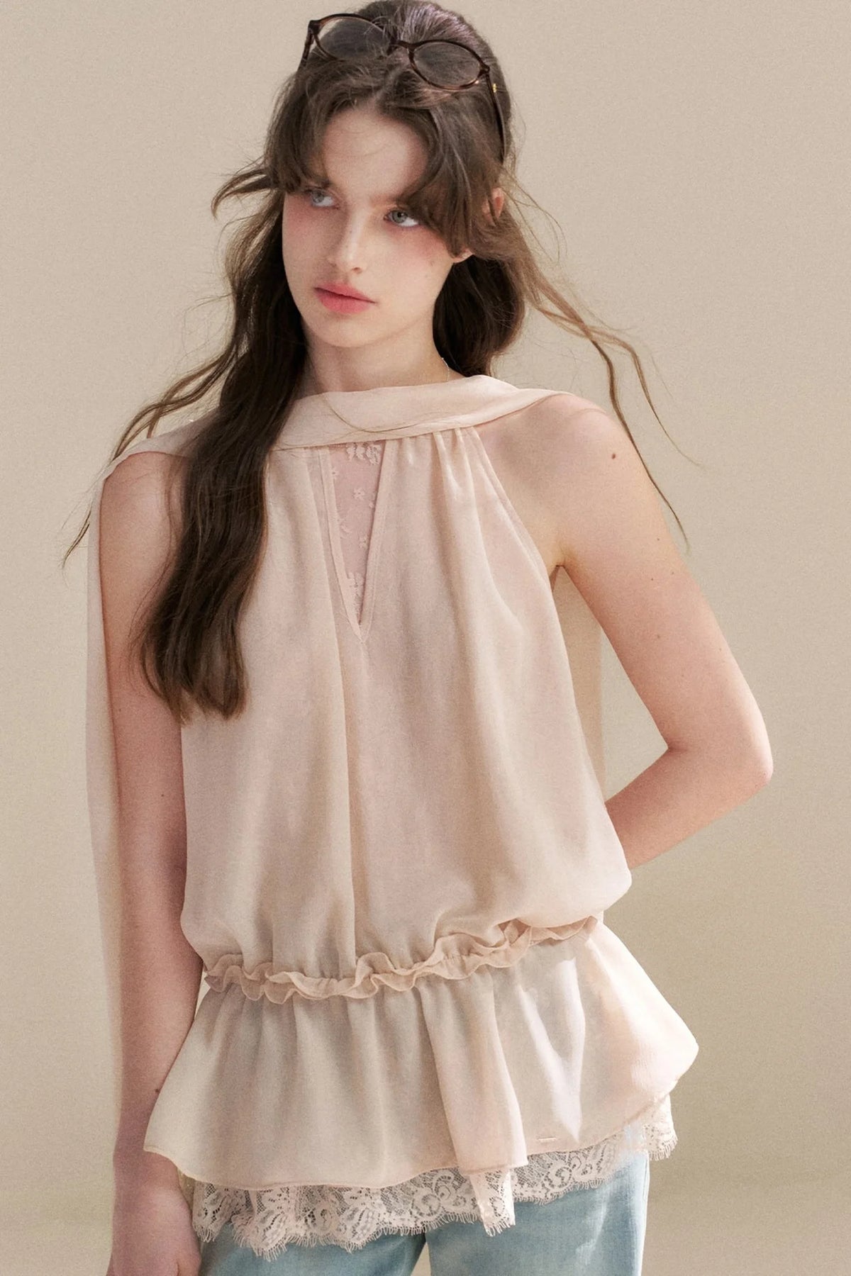 French Chiffon Lace Ribbon Top