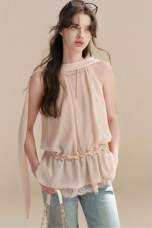 French Chiffon Lace Ribbon Top