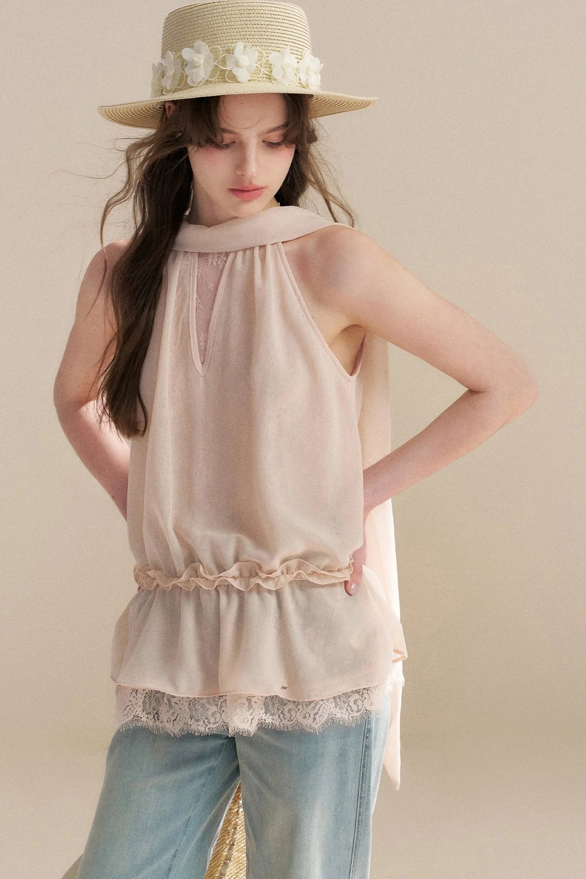 French Chiffon Lace Ribbon Top