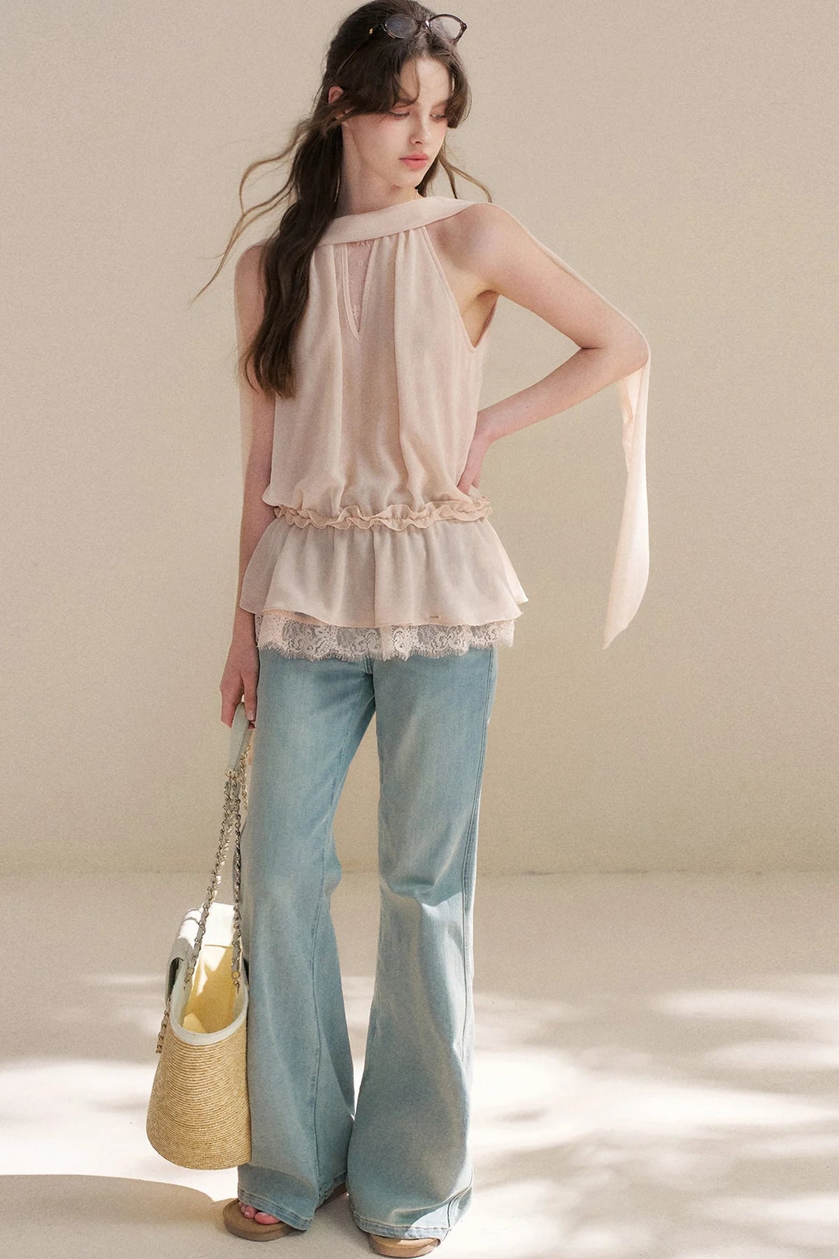 French Chiffon Lace Ribbon Top