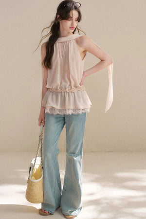 French Chiffon Lace Ribbon Top