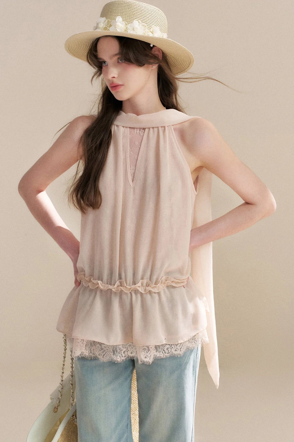 French Chiffon Lace Ribbon Top
