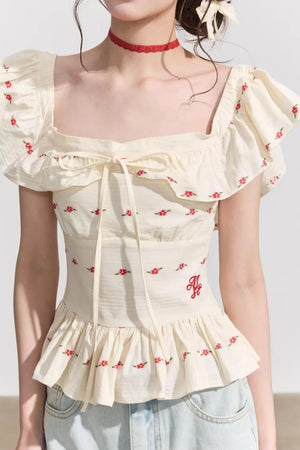 French Floral Ruffle Blouse