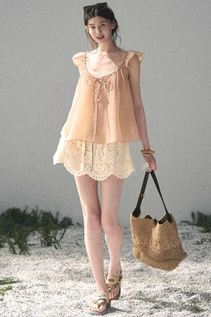 French Flutter Sleeve Babydoll Top Set