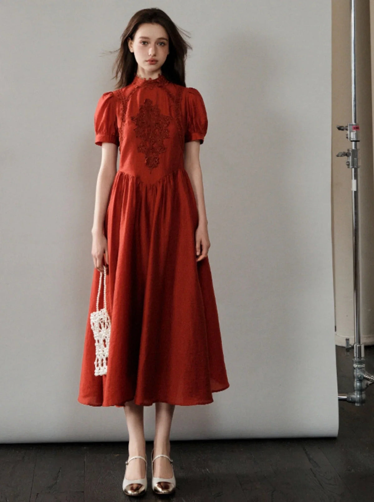 French Hepburn Red Short Sleeve Dress