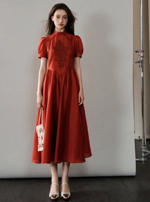 French Hepburn Red Short Sleeve Dress