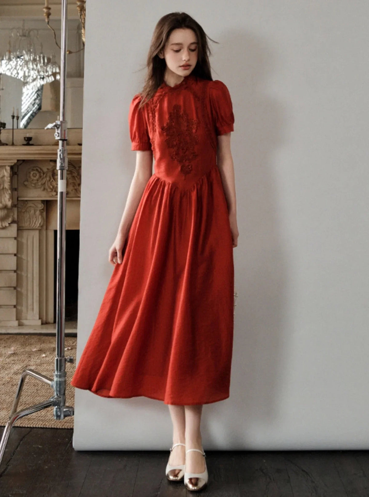 French Hepburn Red Short Sleeve Dress