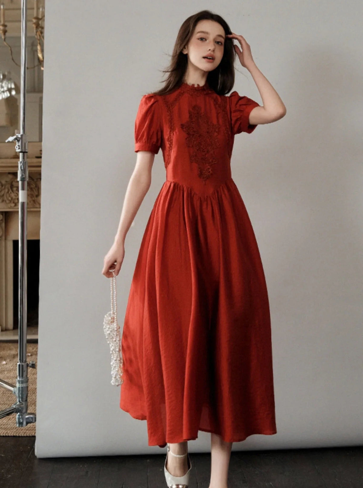 French Hepburn Red Short Sleeve Dress
