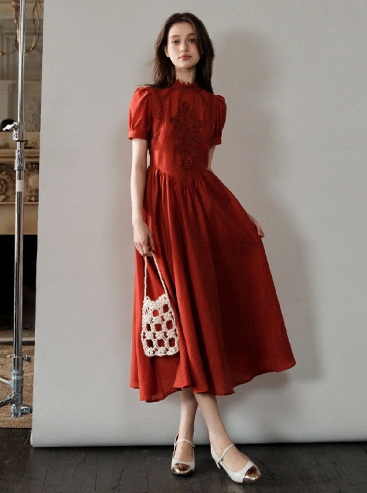 French Hepburn Red Short Sleeve Dress