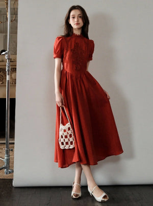 French Hepburn Red Short Sleeve Dress