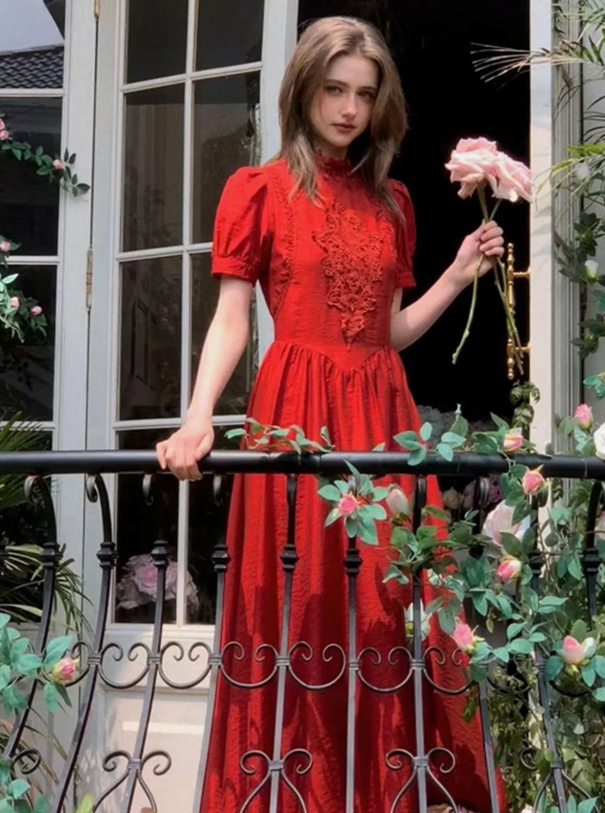 French Hepburn Red Short Sleeve Dress