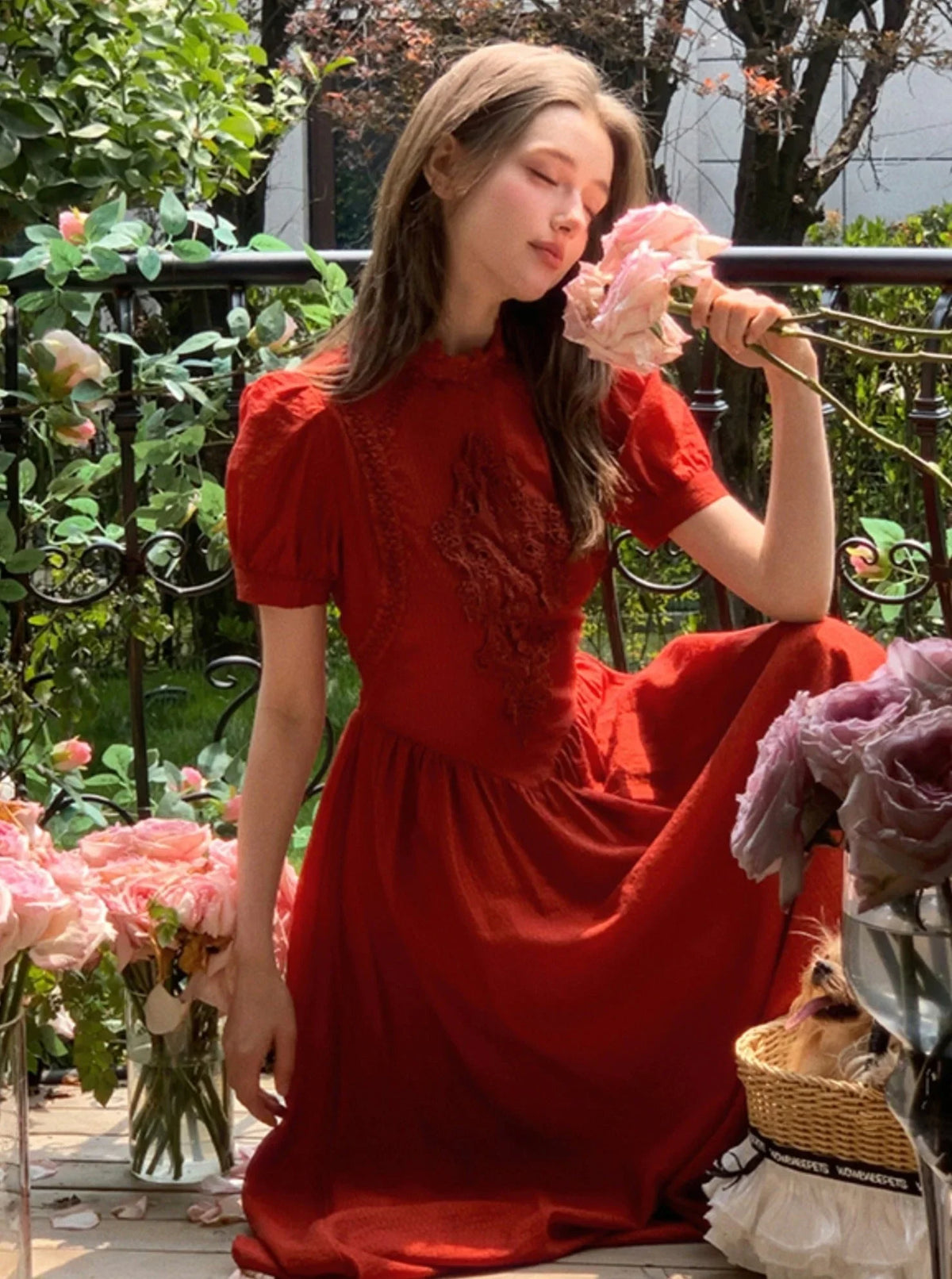 French Hepburn Red Short Sleeve Dress