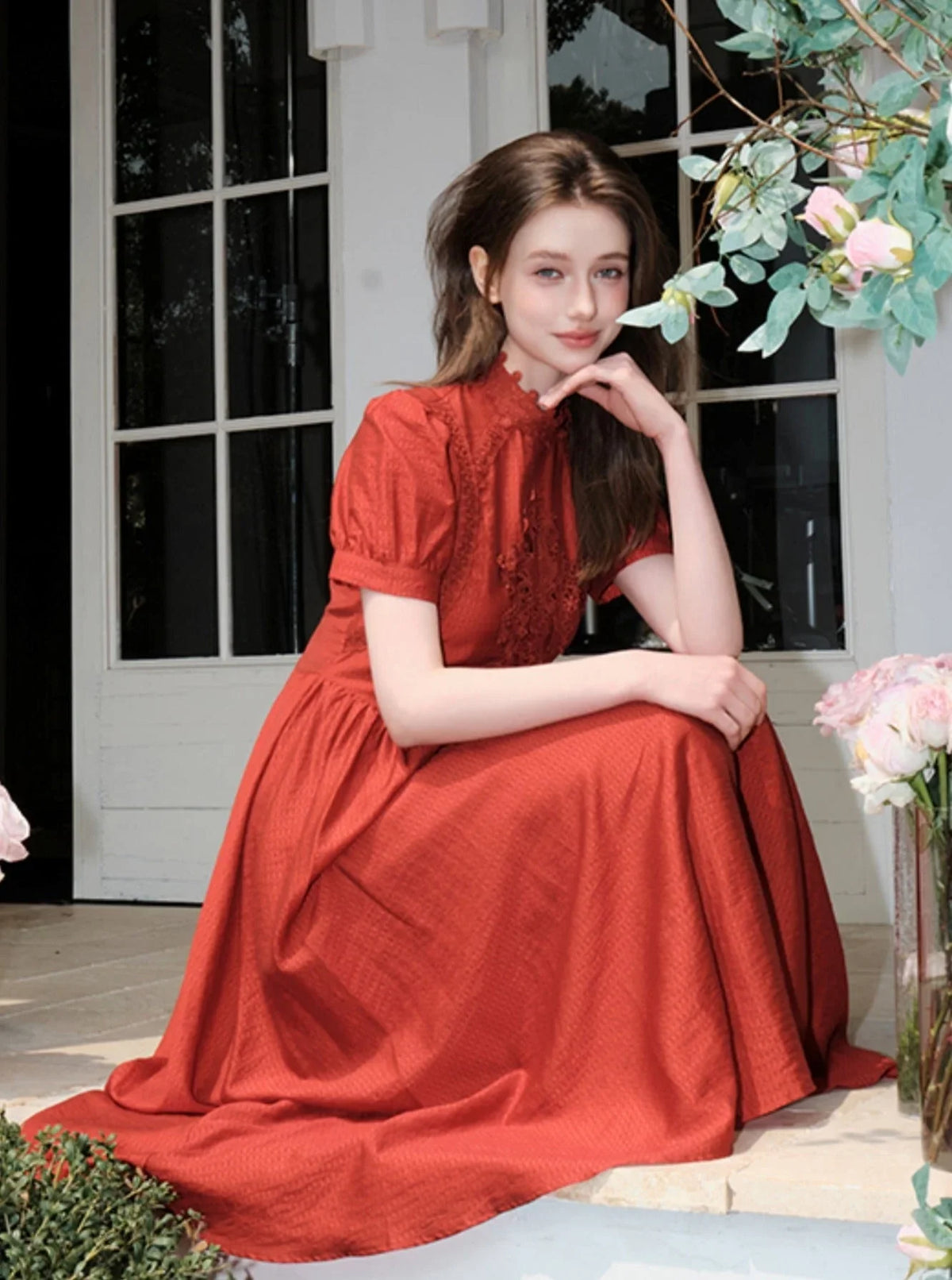 French Hepburn Red Short Sleeve Dress