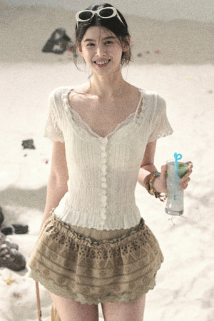 French Hollow-Out Knit Top Set-Up