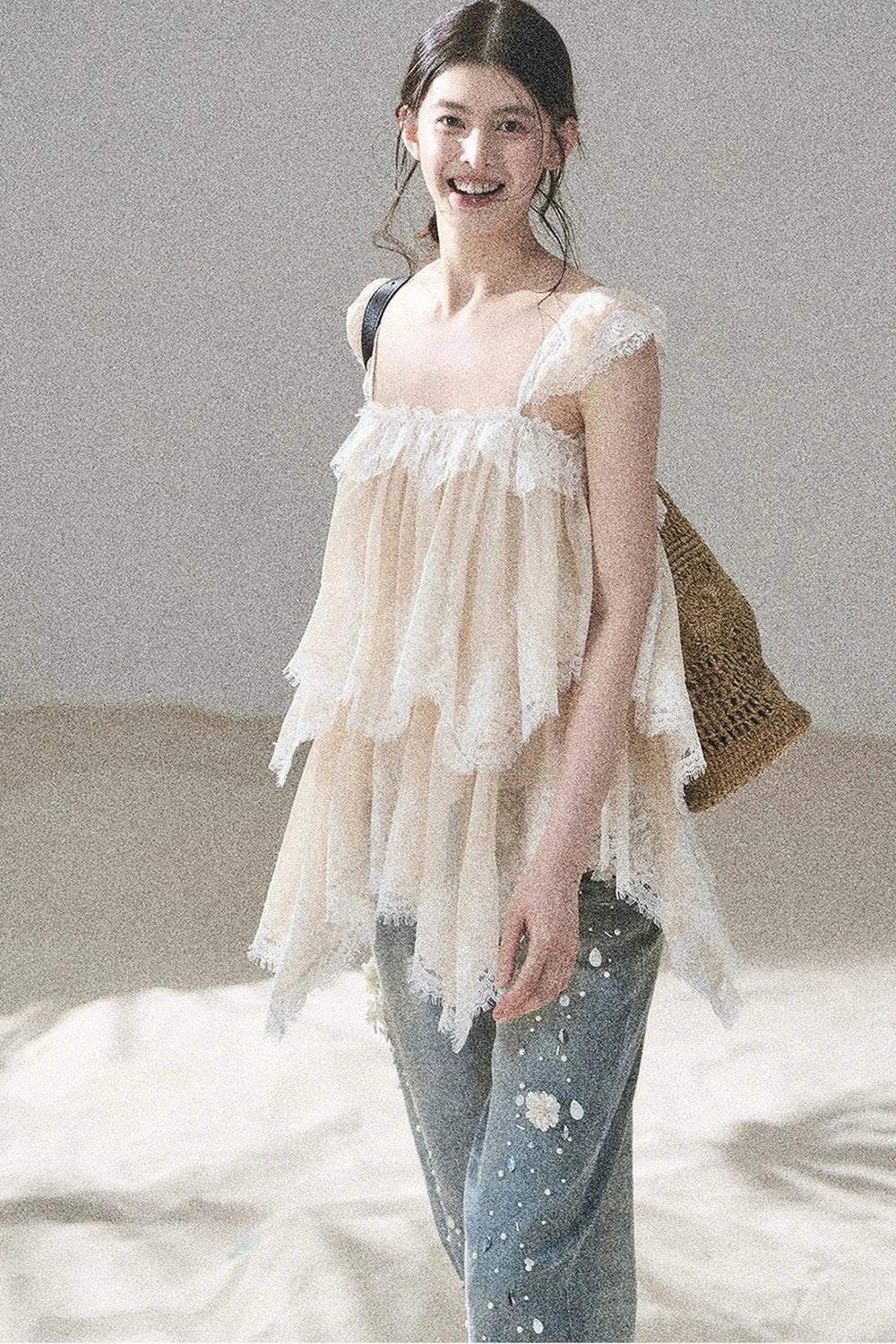 French Irregular Lace Mesh Top Set-Up