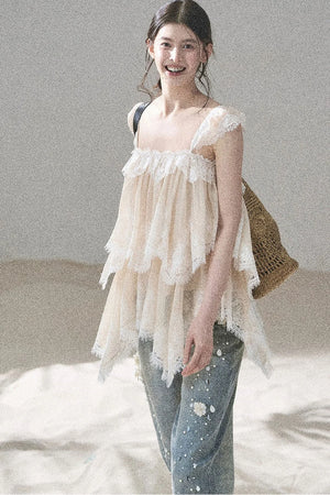 French Irregular Lace Mesh Top Set-Up