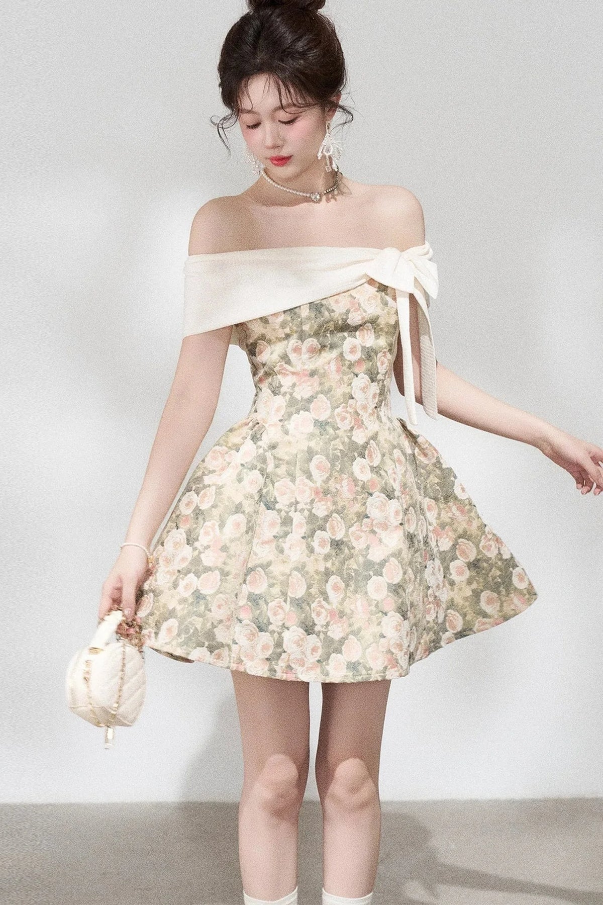 French Jacquard Off-Shoulder Dress