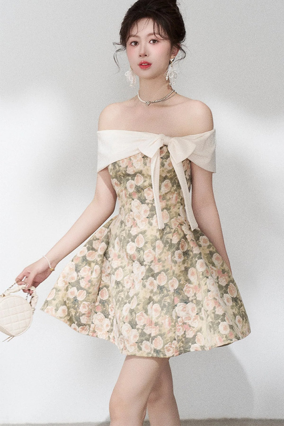 French Jacquard Off-Shoulder Dress