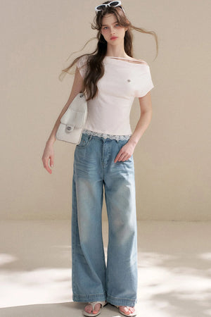 French Lace Off-Shoulder T-Shirt