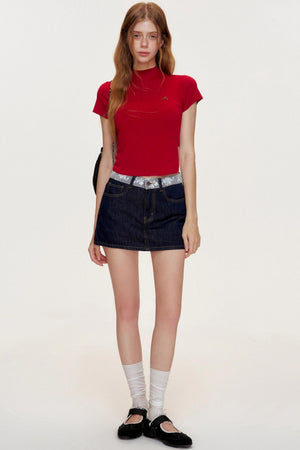 French Lace-panel A-line Denim Skirt