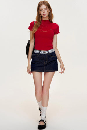 French Lace-panel A-line Denim Skirt