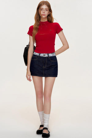 French Lace-panel A-line Denim Skirt