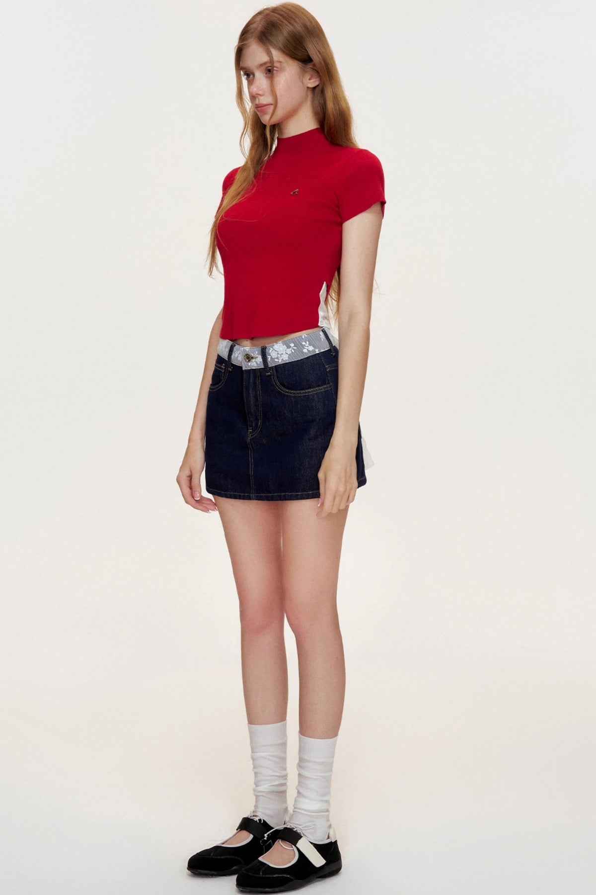 French Lace-panel A-line Denim Skirt