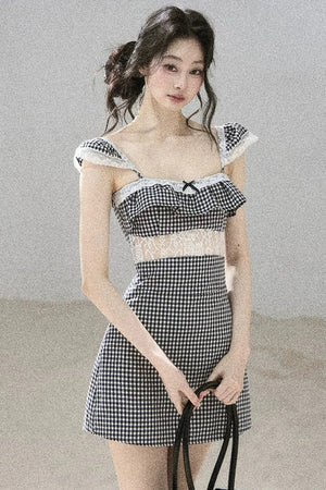 French Lace Plaid Summer Dress