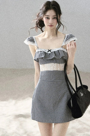 French Lace Plaid Summer Dress