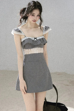 French Lace Plaid Summer Dress