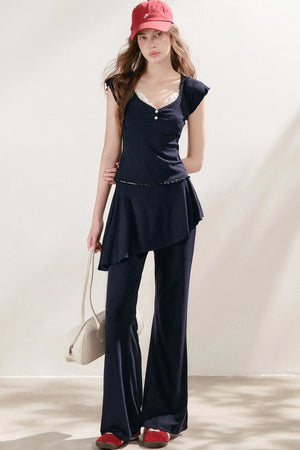 French Lace U-Neck Peplum Top and Flared Pants Set-Up