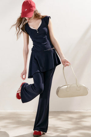 French Lace U-Neck Peplum Top and Flared Pants Set-Up
