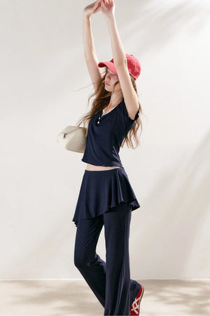 French Lace U-Neck Peplum Top and Flared Pants Set-Up