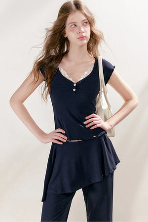 French Lace U-Neck Peplum Top and Flared Pants Set-Up