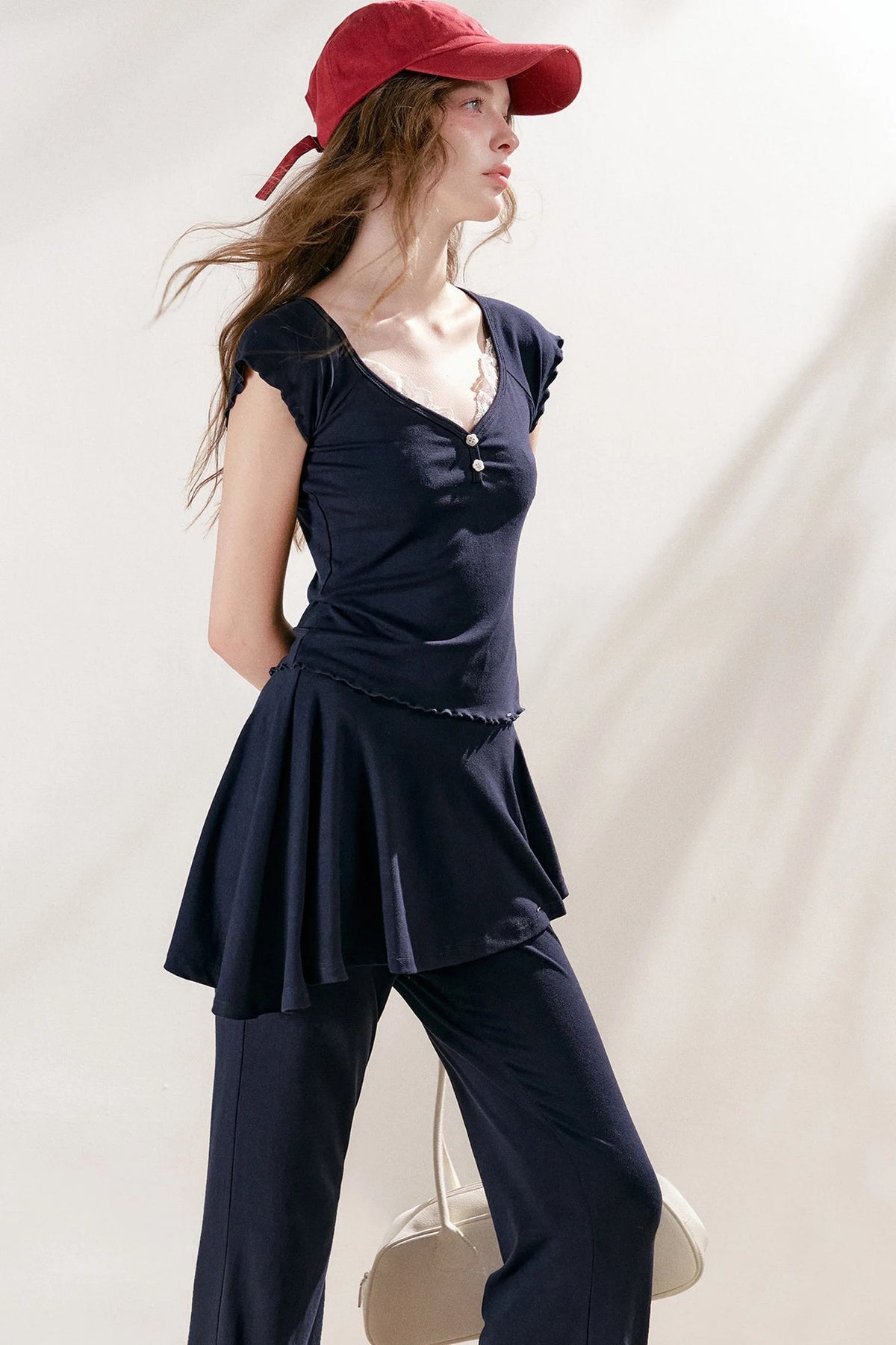 French Lace U-Neck Peplum Top and Flared Pants Set-Up