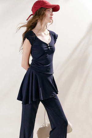 French Lace U-Neck Peplum Top and Flared Pants Set-Up