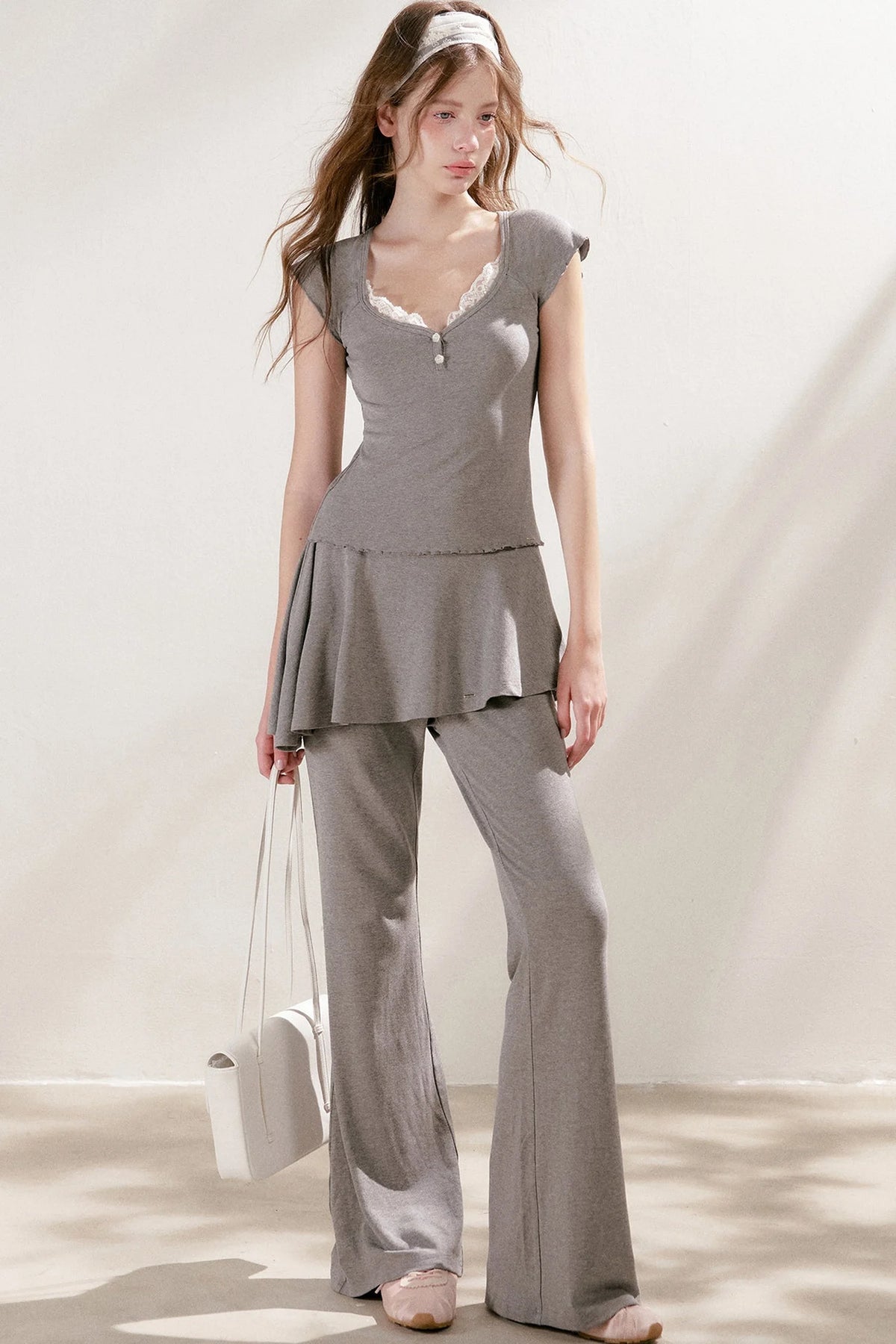 French Lace U-Neck Peplum Top and Flared Pants Set-Up