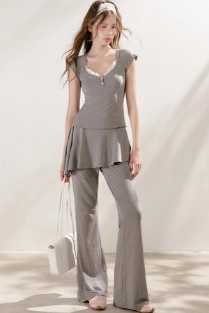 French Lace U-Neck Peplum Top and Flared Pants Set-Up