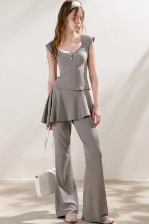 French Lace U-Neck Peplum Top and Flared Pants Set-Up