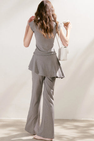 French Lace U-Neck Peplum Top and Flared Pants Set-Up
