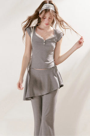 French Lace U-Neck Peplum Top and Flared Pants Set-Up