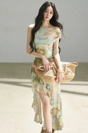 French Off-Shoulder Oil Painting Style Dress
