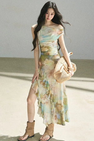 French Off-Shoulder Oil Painting Style Dress