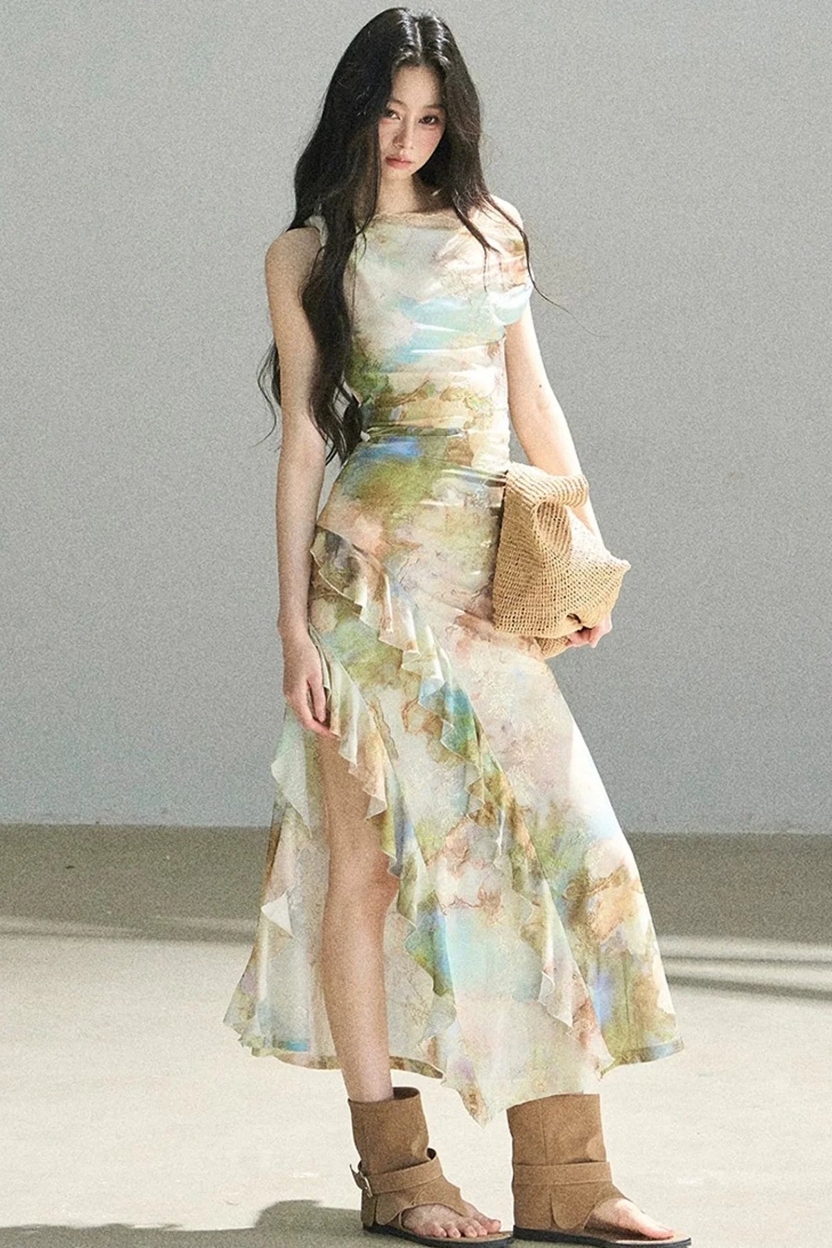 French Off-Shoulder Oil Painting Style Dress