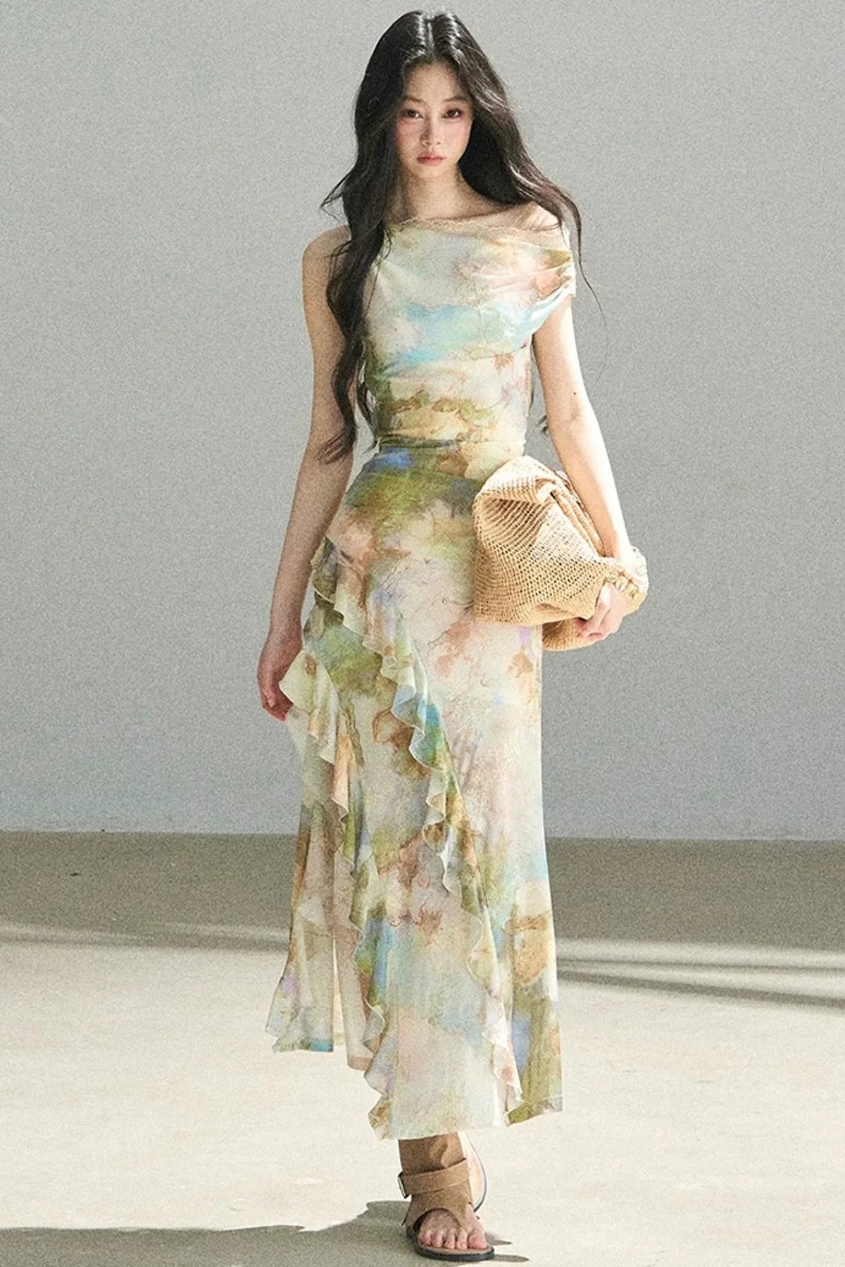 French Off-Shoulder Oil Painting Style Dress