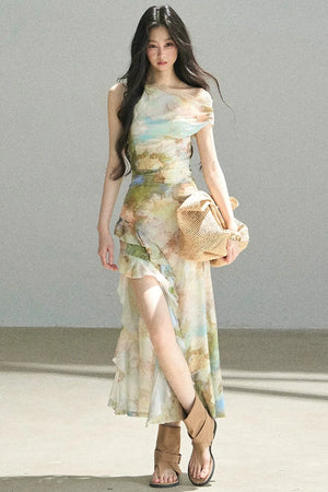 French Off-Shoulder Oil Painting Style Dress