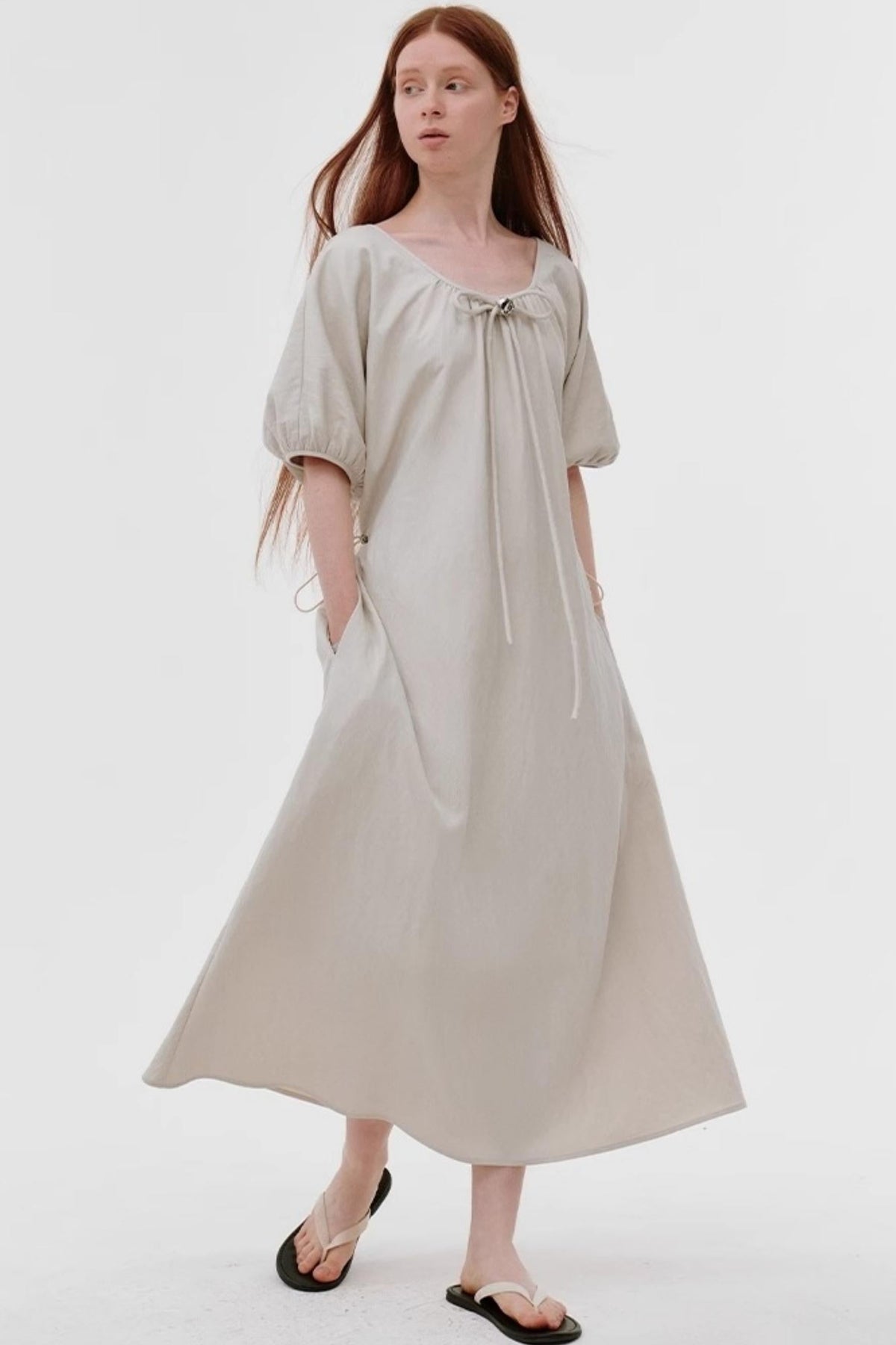 French Pleated Bubble Sleeve Dress