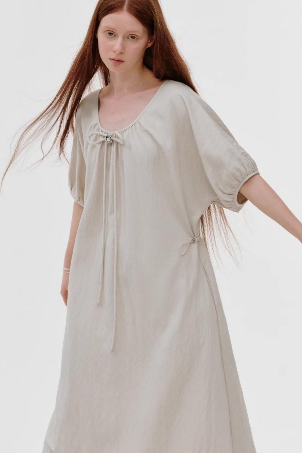 French Pleated Bubble Sleeve Dress