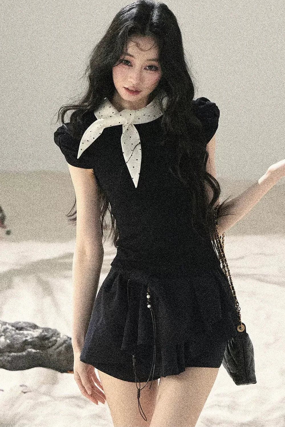 French Polka Dot Bow Puff Sleeve Top